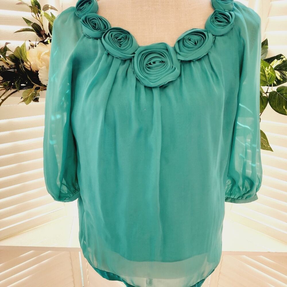 CATHERINE MALANDRINO 100% SILK GREEN FLORET BLOUSE SIZE 0(XS)